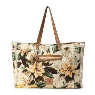 Lovely Florals Weekender Bag in off white has an exterior zipper pocket