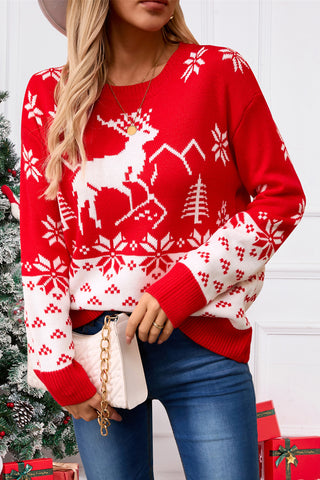 Angel Wings Deer Pattern Round Neck Long Sleeve Sweater in red