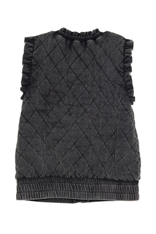 Garment Washed Quilted Ruffle Sleeve Vest in charcoal, back view