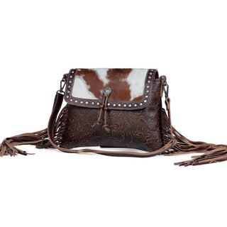 Carved Blossoms Leather & Hairon Bag with an inner zipper pocket