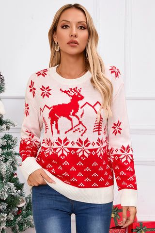 Angel Wings Deer Pattern Round Neck Long Sleeve Sweater in white