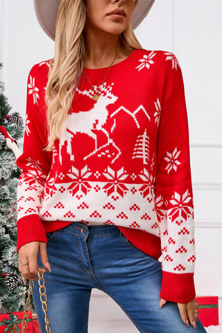 Angel Wings Deer Pattern Round Neck Long Sleeve Sweater in red
