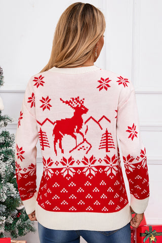 Angel Wings Deer Pattern Round Neck Long Sleeve Sweater in white