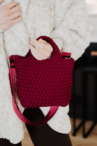 Wine Woven Bucket Crossbody Bag
