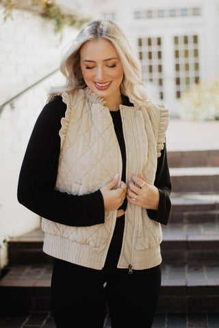 Garment Washed Quilted Ruffle Sleeve Vest in beige, lifestyle view
