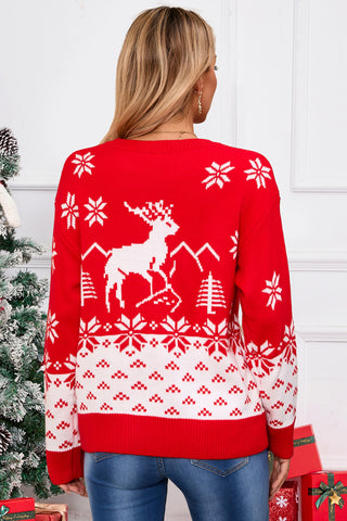 Angel Wings Deer Pattern Round Neck Long Sleeve Sweater in red