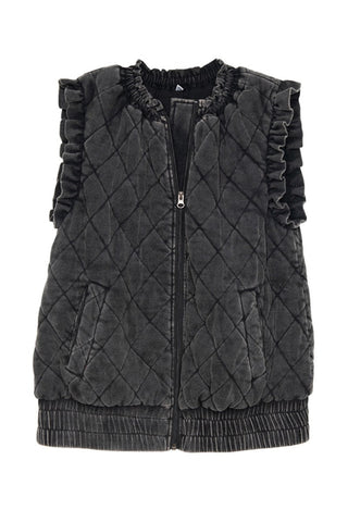 Garment Washed Quilted Ruffle Sleeve Vest in charcoal, front view