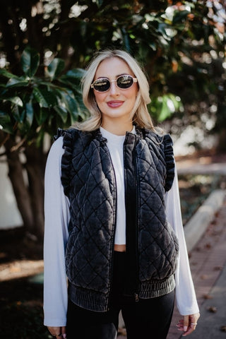 Garment Washed Quilted Ruffle Sleeve Vest in charcoal, lifestyle view
