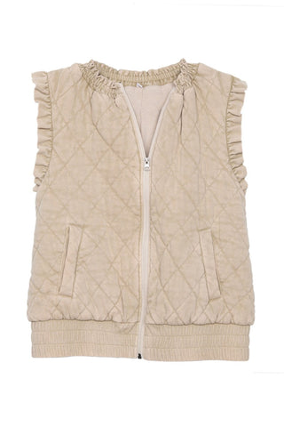 Garment Washed Quilted Ruffle Sleeve Vest in beige, front view