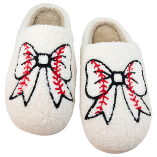 Baseball Bow Fuzzy Slippers have adorable embroidered bows