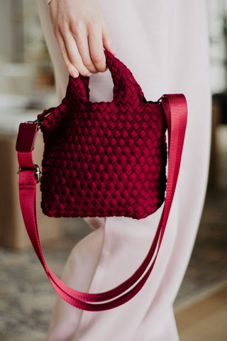 Wine Woven Bucket Crossbody Bag