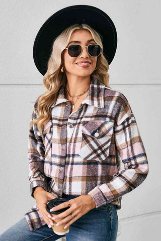 Collared Plaid Shacket in blush pink