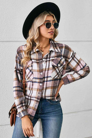 Collared Plaid Shacket in blush pink