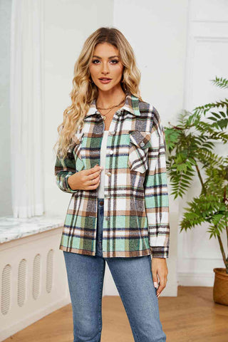 Collared Plaid Shacket in mid green