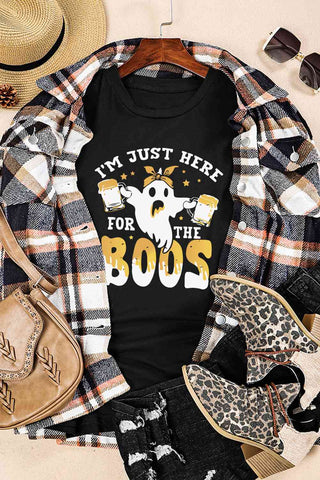 I'm Just Here For The Boos black t-shirt with Halloween ghost graphic is a great addition to your outfit