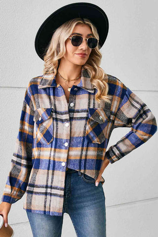Collared Plaid Shacket in cobalt blue