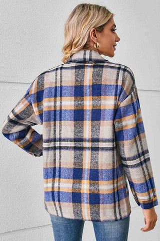 Collared Plaid Shacket in cobalt blue