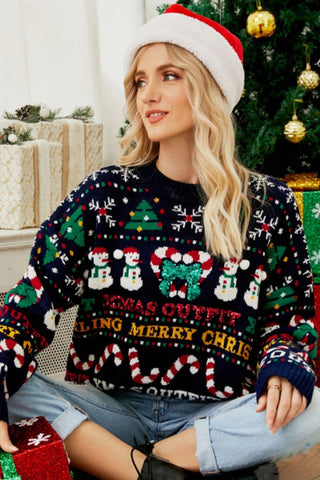 Christmas Print Crewneck Dropped Shoulder Sweater will add Christmas cheer wherever you go