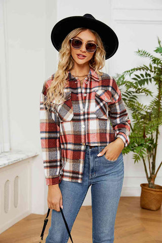 Collared Plaid Shacket in strawberry