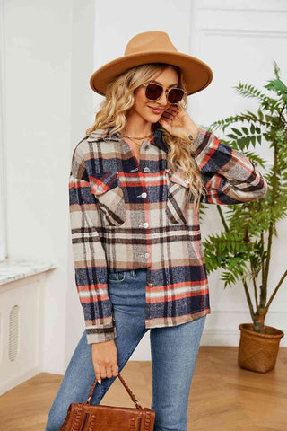 Collared Plaid Shacket in tan