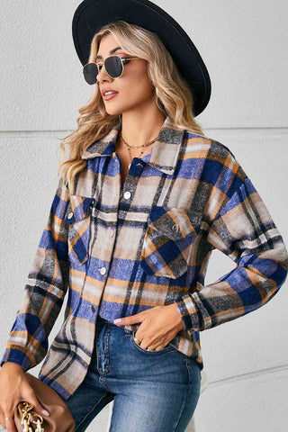 Collared Plaid Shacket in cobalt blue