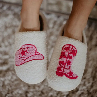 Boot and Cowgirl Hat Western Slippers shown worn by model
