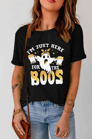 I'm Just Here For The Boos black t-shirt with Halloween ghost graphic
