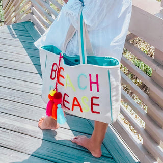 Beach Please Tote Bag canvas with colorful letters and fuzzy pom