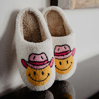 Pink Cowgirl Hat Fuzzy Slippers, yellow happy face with pink cowgirl hat