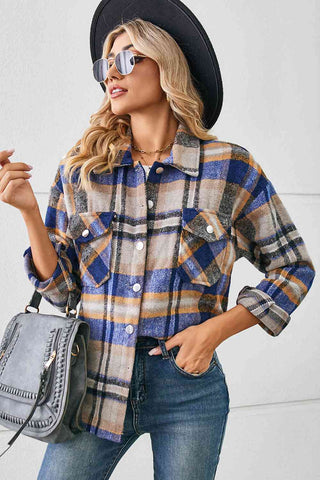 Collared Plaid Shacket in cobalt blue