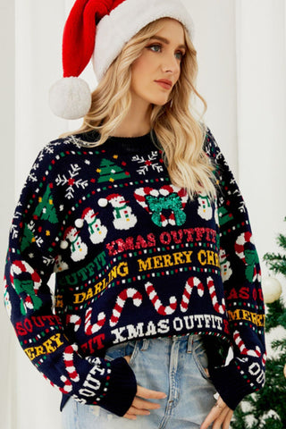 Christmas Print Crewneck Dropped Shoulder Sweater worn by model with red Santa hat