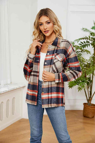 Collared Plaid Shacket in tan