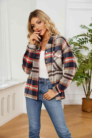 Collared Plaid Shacket in tan