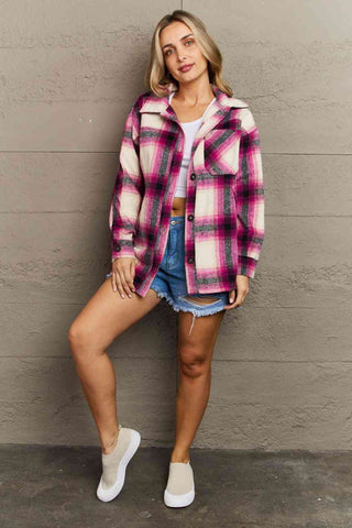 By The Fireplace Oversized Plaid Shacket looks great with jeans or shorts